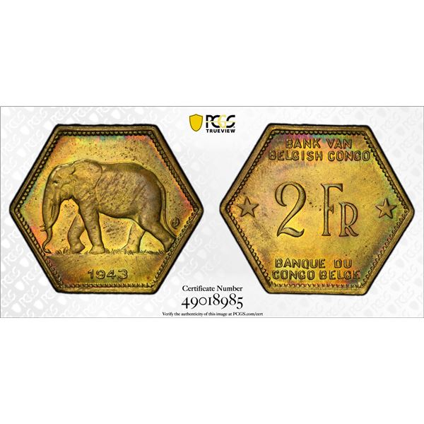 BELGIAN CONGO: Leopold III, 1934-1950, 2 francs, 1943, PCGS MS63
