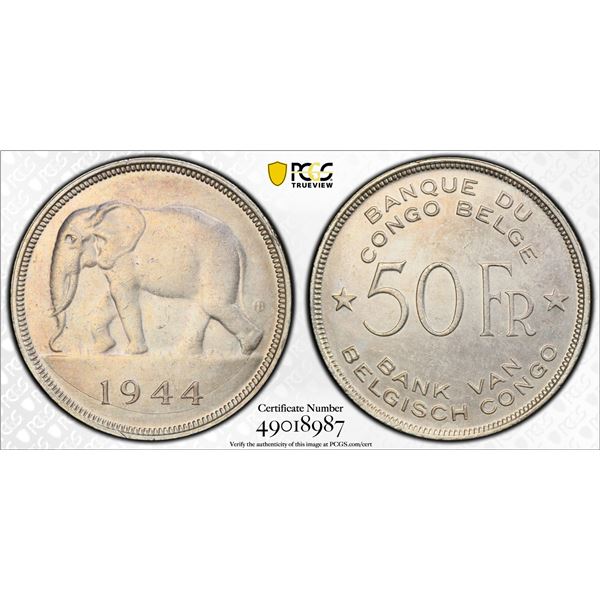 BELGIAN CONGO: Leopold III, 1934-1950, AR 50 francs, 1944, PCGS AU Detail