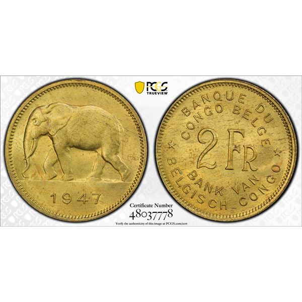 BELGIAN CONGO: Leopold III, 1934-1950, 2 francs, 1947, PCGS MS65