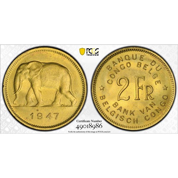 BELGIAN CONGO: Leopold III, 1934-1950, 2 francs, 1947, PCGS MS64