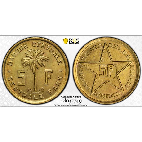 BELGIAN CONGO: Baudouin, 1951-1960, 5 francs, 1952, PCGS UNC details