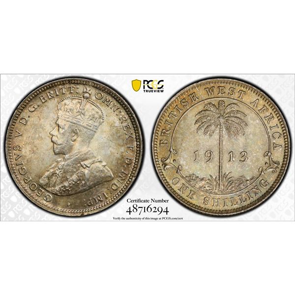 BRITISH WEST AFRICA: George V, 1910-1936, AR shilling, 1913-H, PCGS MS65