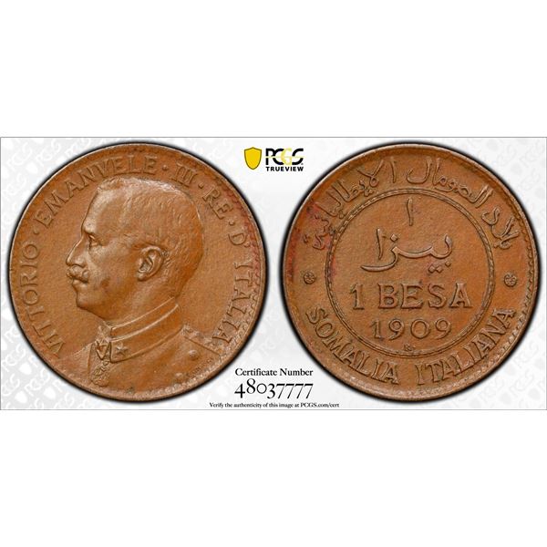 ITALIAN SOMALILAND: Vittorio Emanuele III, 1900-1946, AE besa, 1909-R, PCGS MS62 BN