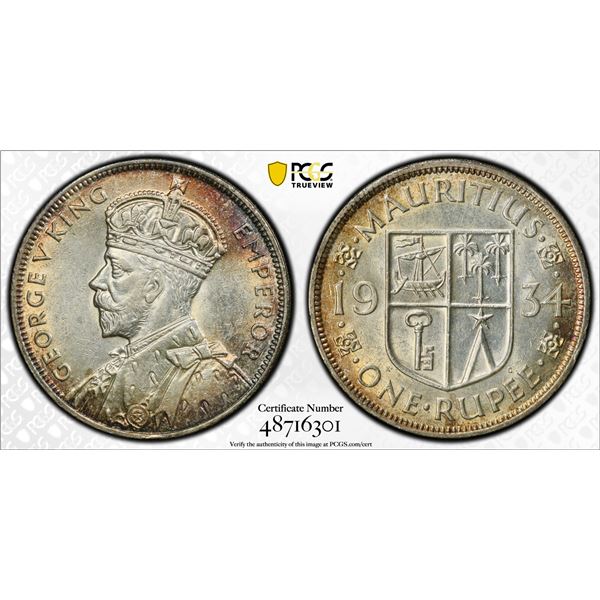 MAURITIUS: George V, 1910-1936, AR rupee, 1934, PCGS MS61