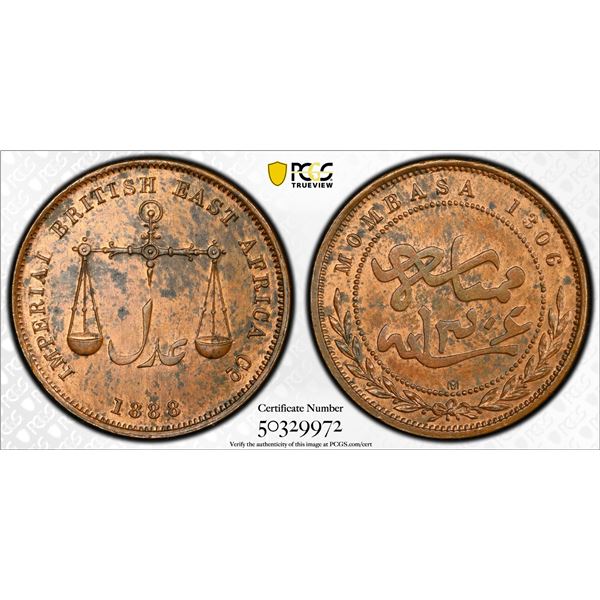MOMBASA: Victoria, 1888-1896, AE pice, 1888-CM, PCGS MS62 RB