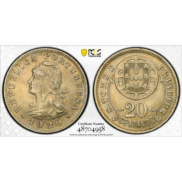 ST. THOMAS & PRINCE: Portuguese Colony, 20 centavos, 1929, PCGS MS64