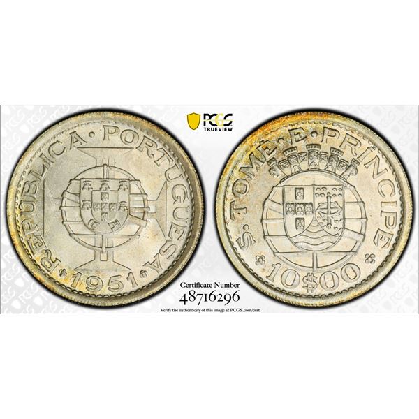 ST. THOMAS & PRINCE: Portuguese Colony, AR 10 escudos, 1951, PCGS MS66