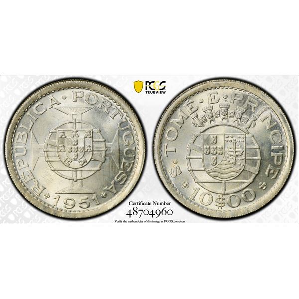 ST. THOMAS & PRINCE: Portuguese Colony, AR 10 escudos, 1951, PCGS MS65