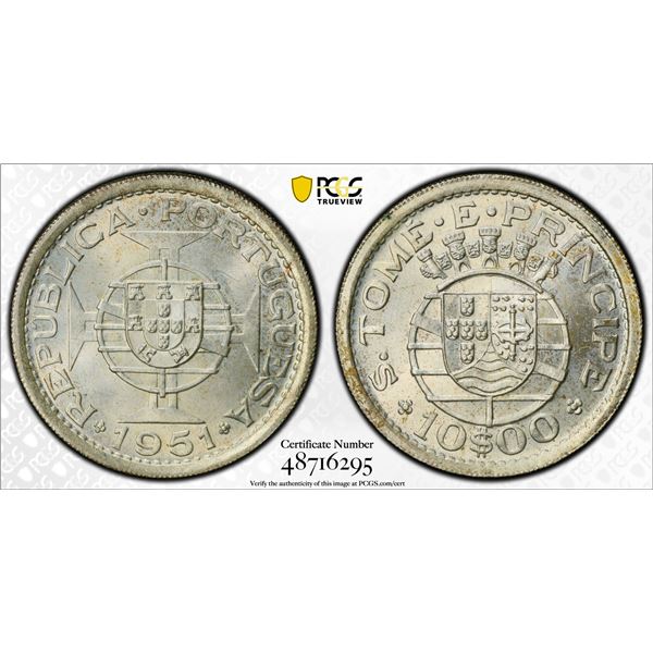 ST. THOMAS & PRINCE: Portuguese Colony, AR 10 escudos, 1951, PCGS MS65