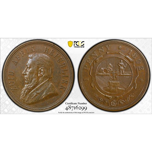 SOUTH AFRICA: Republic, AE penny, 1892, PCGS AU58