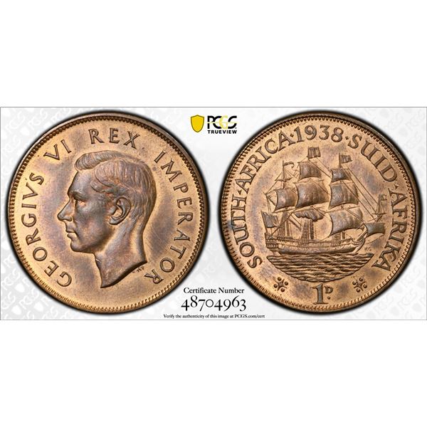SOUTH AFRICA: George VI, 1936-1952, AE penny, 1938, PCGS MS64 RB