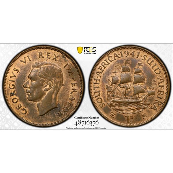 SOUTH AFRICA: George VI, 1936-1952, AE penny, 1941, PCGS MS63 RB