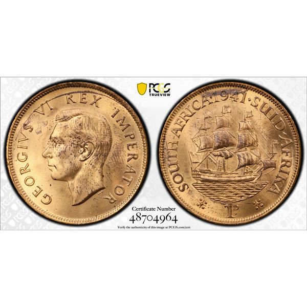 SOUTH AFRICA: George VI, 1936-1952, AE penny, 1941, PCGS MS63 RD