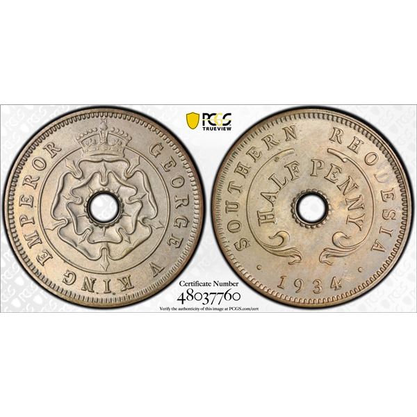 SOUTHERN RHODESIA: George V, 1910-1936, halfpenny, 1934, PCGS MS65