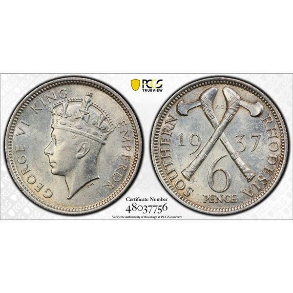 SOUTHERN RHODESIA: George VI, 1936-1952, AR sixpence, 1937, PCGS MS62