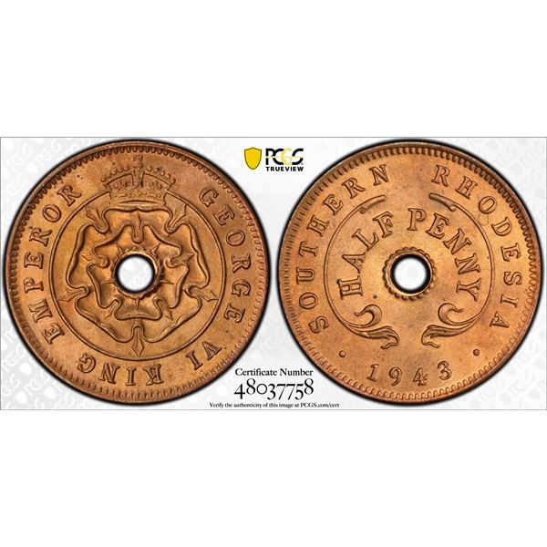 SOUTHERN RHODESIA: George VI, 1936-1952, AE halfpenny, 1943, PCGS MS65 RD