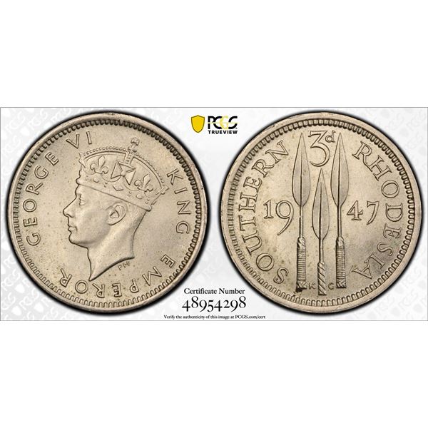 SOUTHERN RHODESIA: George VI, 1936-1952, 3 pence, 1947, PCGS MS64