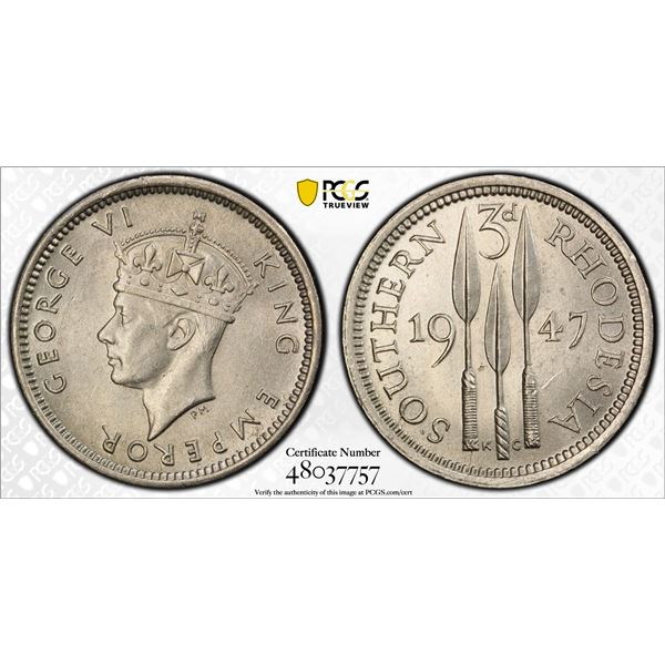 SOUTHERN RHODESIA: George VI, 1936-1952, threepence, 1947, PCGS MS63