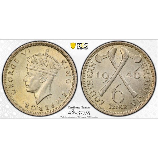 SOUTHERN RHODESIA: George VI, 1936-1952, AR sixpence, 1946, PCGS MS63