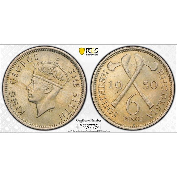 SOUTHERN RHODESIA: George VI, 1936-1952, sixpence, 1950, PCGS MS63