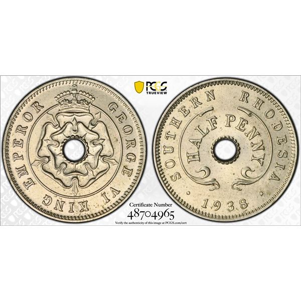 SOUTHERN RHODESIA: George VI, 1936-1952, AE 1/2 penny, 1938, PCGS MS65