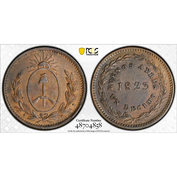 ARGENTINA: Buenos Aires Province, AE decimo, Soho, 1823, PCGS AU55