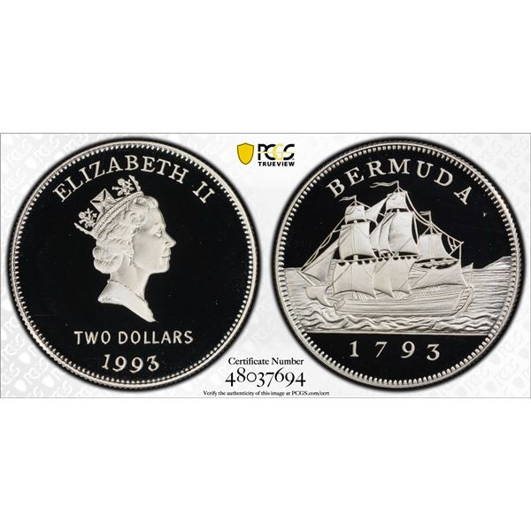 BERMUDA: Elizabeth II, 1952-2022, AR 2 dollars, 1993, PCGS Proof 69 DCAM