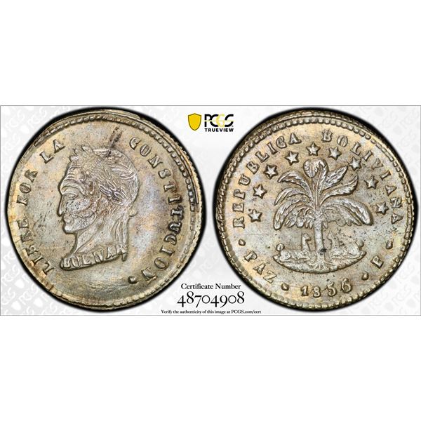 BOLIVIA: Republic, AR 1/2 sol, 1856/5-PAZ, PCGS MS63