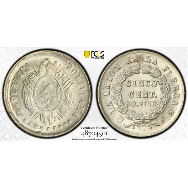 BOLIVIA: Republic, AR 5 centavos, 1875-PTS, PCGS MS65