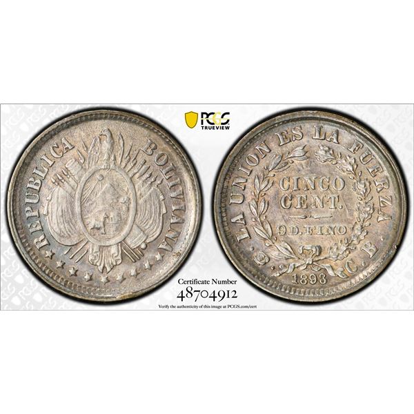 BOLIVIA: Republic, AR 5 centavos, 1893-PTS, PCGS AU details