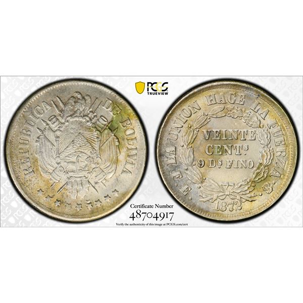 BOLIVIA: Republic, AR 20 centavos, 1872-PTS, PCGS MS63