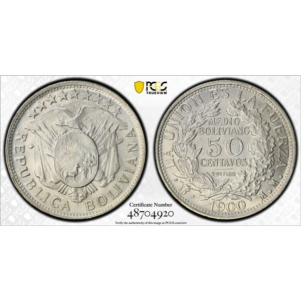 BOLIVIA: Republic, AR 50 centavos, 1900-PTS, PCGS MS64