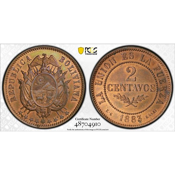 BOLIVIA: Republic, pattern AE 2 centavos, 1883, PCGS Specimen 63 RB