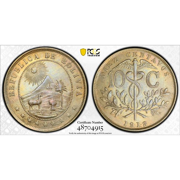 BOLIVIA: Republic, 10 centavos, Heaton, 1918, PCGS MS62