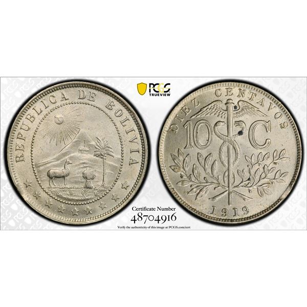 BOLIVIA: Republic, 10 centavos, Heaton, 1919, PCGS MS63