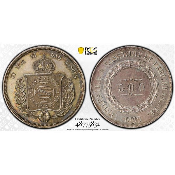 BRAZIL: Pedro II, 1831-1889, AR 500 reis, 1860, PCGS UNC details
