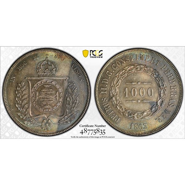 BRAZIL: Pedro II, 1831-1889, AR 1000 reis, 1863, PCGS MS62