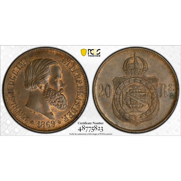 BRAZIL: Pedro II, 1831-1889, AE 20 reis, Brussels, 1869, PCGS MS63 BN