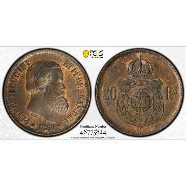 BRAZIL: Pedro II, 1831-1889, AE 20 reis, Rio, 1869, PCGS MS62 BN