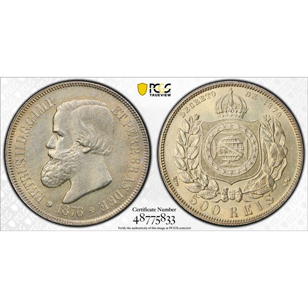 BRAZIL: Pedro II, 1831-1889, AR 500 reis, 1876, PCGS UNC details