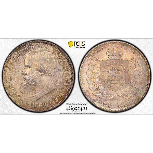 BRAZIL: Pedro II, 1831-1889, AR 2000 reis, 1889, PCGS MS63