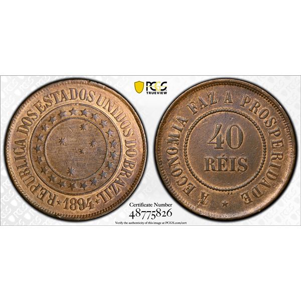 BRAZIL: Republic, AE 40 reis, 1894, PCGS AU58