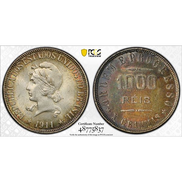 BRAZIL: Republic, AR 1000 reis, 1911, PCGS MS63