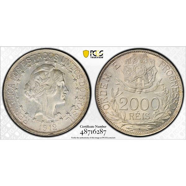 BRAZIL: Republic, AR 2000 reis, 1912, PCGS MS64