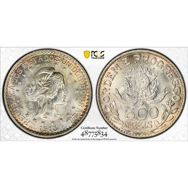BRAZIL: Republic, AR 500 reis, 1913-A, PCGS MS64