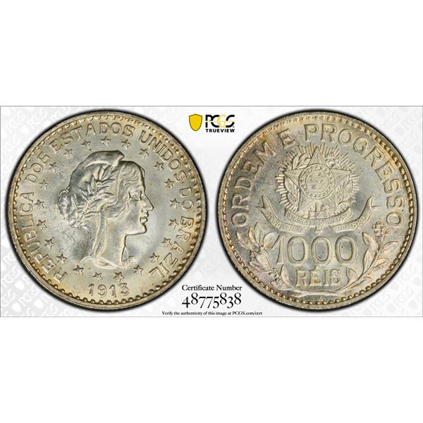 BRAZIL: Republic, AR 1000 reis, 1913-A, PCGS MS64