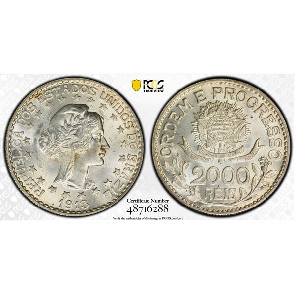 BRAZIL: Republic, AR 2000 reis, 1913-A, PCGS MS63
