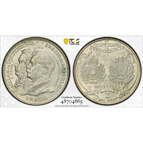 BRAZIL: Republic, AR 2000 reis, 1922, PCGS MS63