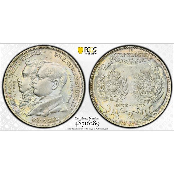 BRAZIL: Republic, AR 2000 reis, 1922, PCGS MS63