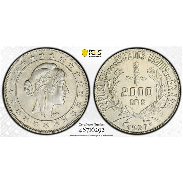 BRAZIL: Republic, AR 2000 reis, 1927, PCGS MS63